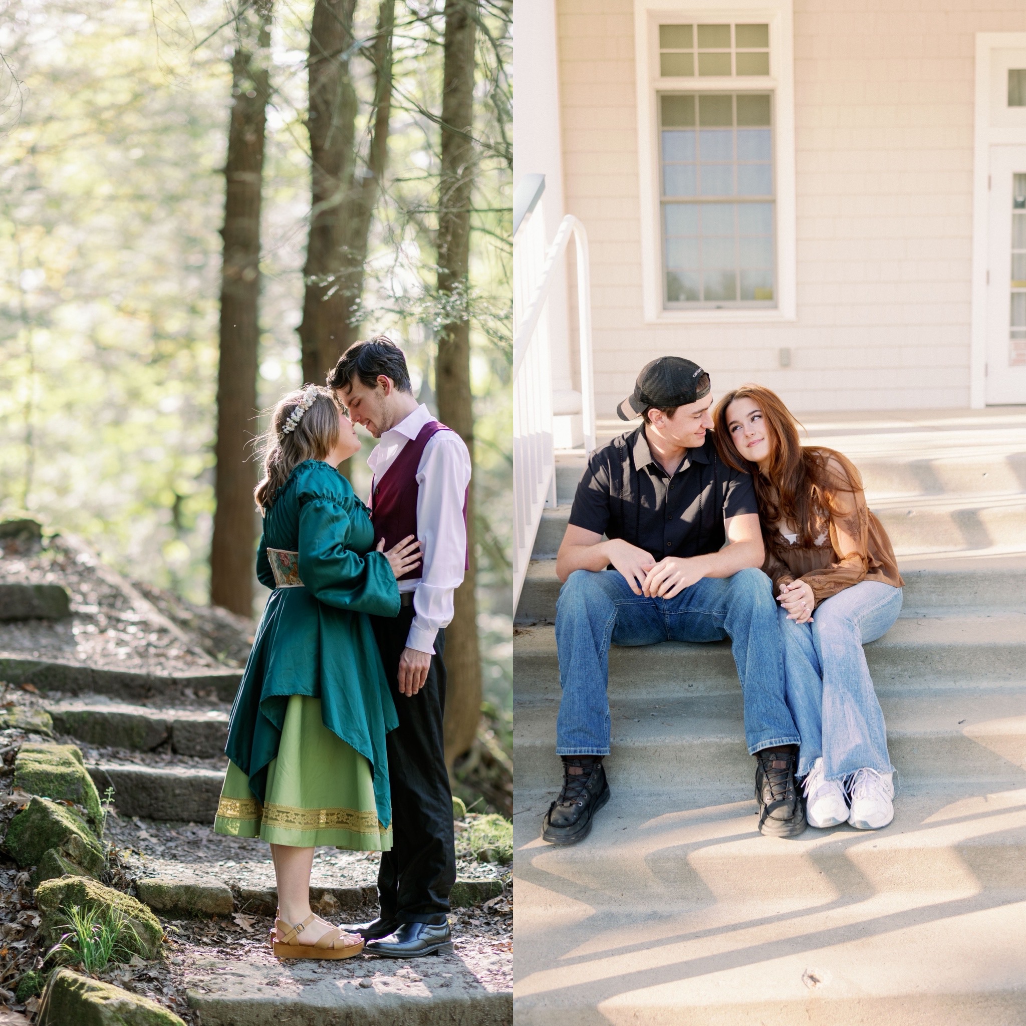 Engaged couple in a fairytale forest setting at Lanternman’s Mill and another engaged couple on sunlit porch steps at Buhl Park during spring engagement sessions in Ohio and Pennsylvania.
